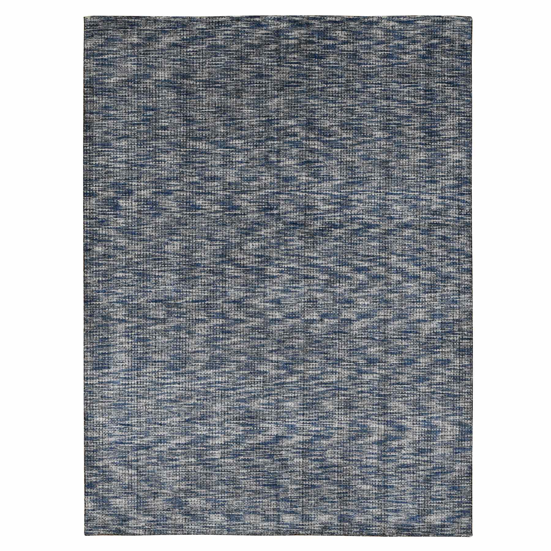 9'2"x12' Steel Blue, Modern Fence Design, Wool and Art Silk, Tone on Tone, Hand Loomed, Oriental Rug 